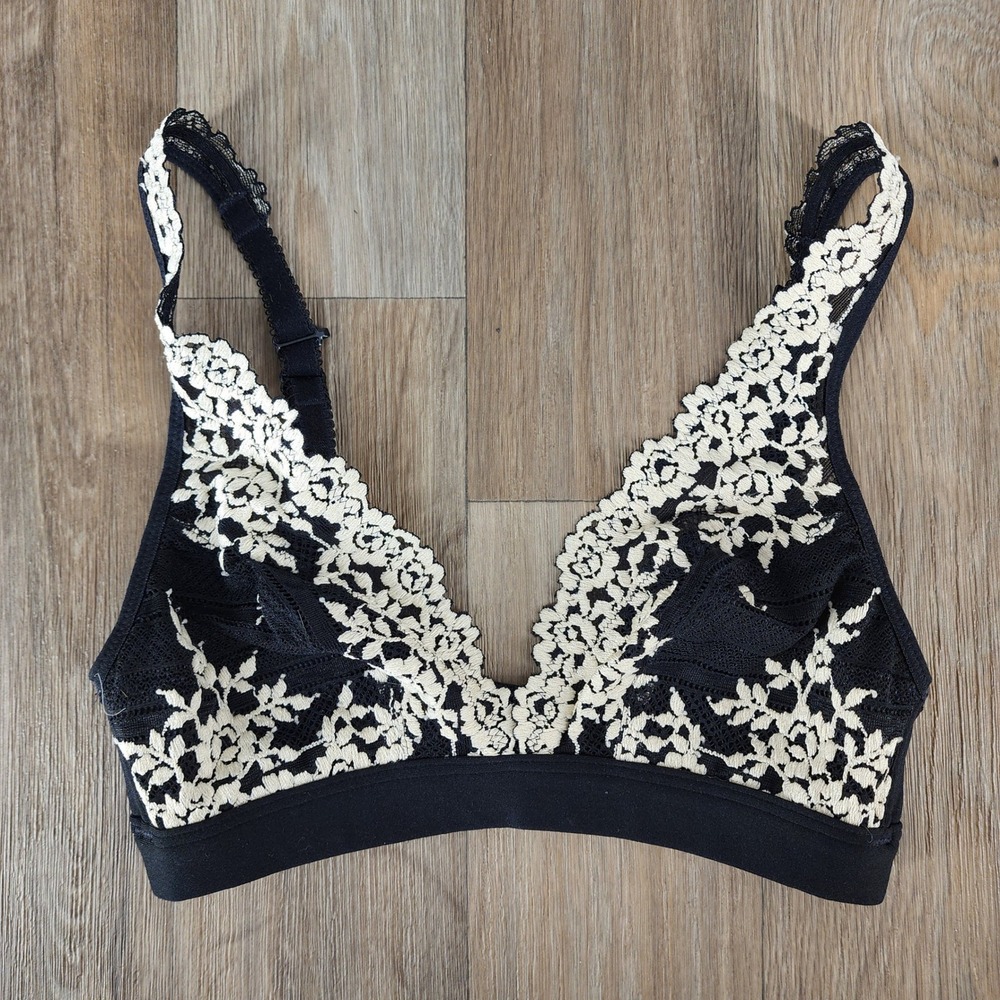 Wacoal B-Smooth Bralette Black Cream Floral Lace Wireless Bra 852191 Size 32